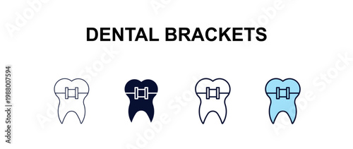 dental brackets multi-style outline icon set - dentist concept. Thin line, regular, filled, colored dental brackets icon