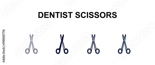 dentist scissors multi-style outline icon set - dentist concept. Thin line, regular, filled, colored dentist scissors icon