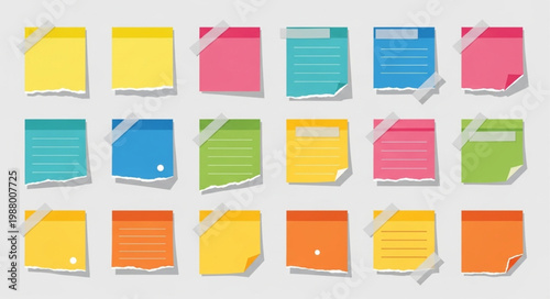 Collection of colorful torn paper notes with tape.