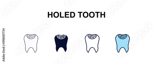 holed tooth multi-style outline icon set - dentist concept. Thin line, regular, filled, colored holed tooth icon