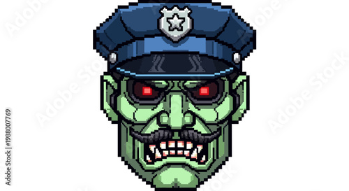 Pixelated Green Monster Police Officer with Red Eyes and Mustache.