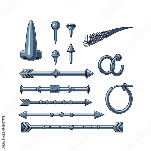 Collection of various piercing jewelry and accessories, including nose rings, barbells, and hoops, isolated on a white background.