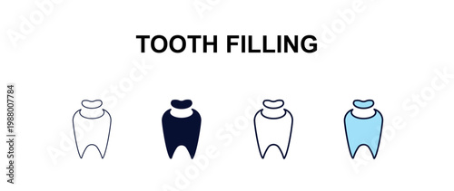 tooth filling multi-style outline icon set - dentist concept. Thin line, regular, filled, colored tooth filling icon