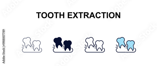 tooth extraction multi-style outline icon set - dentist concept. Thin line, regular, filled, colored tooth extraction icon