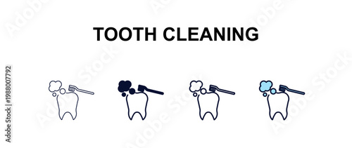 tooth cleaning multi-style outline icon set - dentist concept. Thin line, regular, filled, colored tooth cleaning icon
