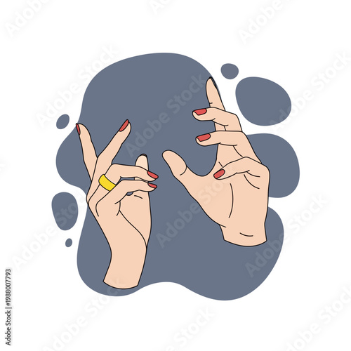 Elegant female hands with red nail polish and a gold ring gesturing against a dark blue abstract background.