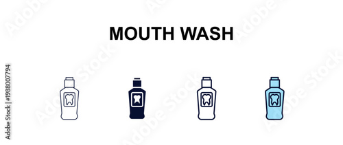 mouth wash multi-style outline icon set - dentist concept. Thin line, regular, filled, colored mouth wash icon