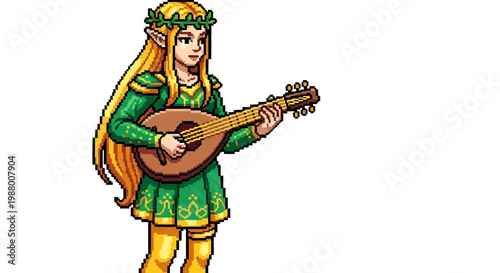 Pixel Art Elf Bard Playing a Lute with Golden Hair and Green Outfit.