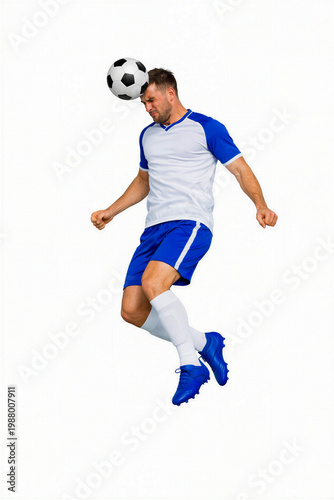 The football player is heading the ball.
