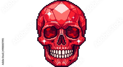Pixelated Red Gemstone Skull Art.