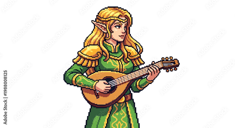 Fototapeta premium Pixel Art Elf Bard Playing Lute in Green Outfit.
