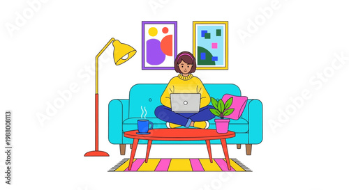 Young woman working on laptop on sofa at home.