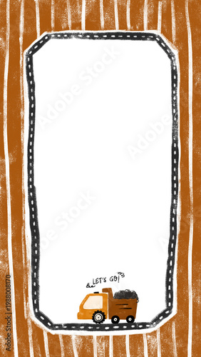 cute blank empty photo picture frame under construction site dump trash truck design invitation birthday gift party greeting card crayon doodle watercolor illustration clipart