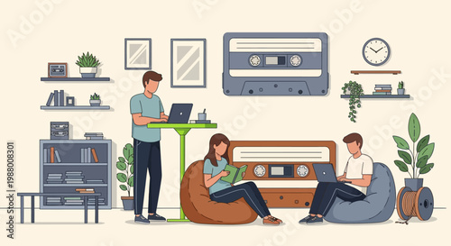 Young people working and relaxing in a modern co-working space.