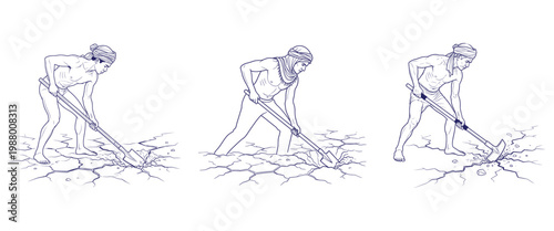 Farmer digging dry cracked earth with shovel showing effort and perseverance through hard work in arid climate.