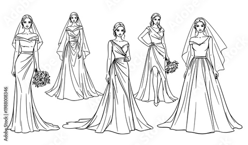 Beautiful bride sketch vector with elegant wedding model poses in hand drawn line art style