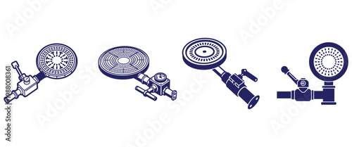 Industrial gas burner head assembly icons set vector technical blueprint illustration of stove parts on white backdrop.