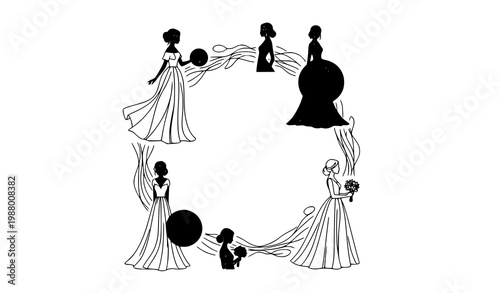 Bride silhouette and line art vector with elegant wedding model in circular composition isolated on white