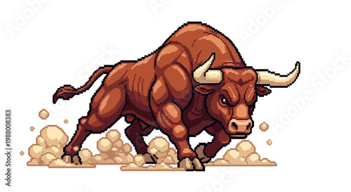 Powerful Charging Bull Illustration with Dust Clouds.