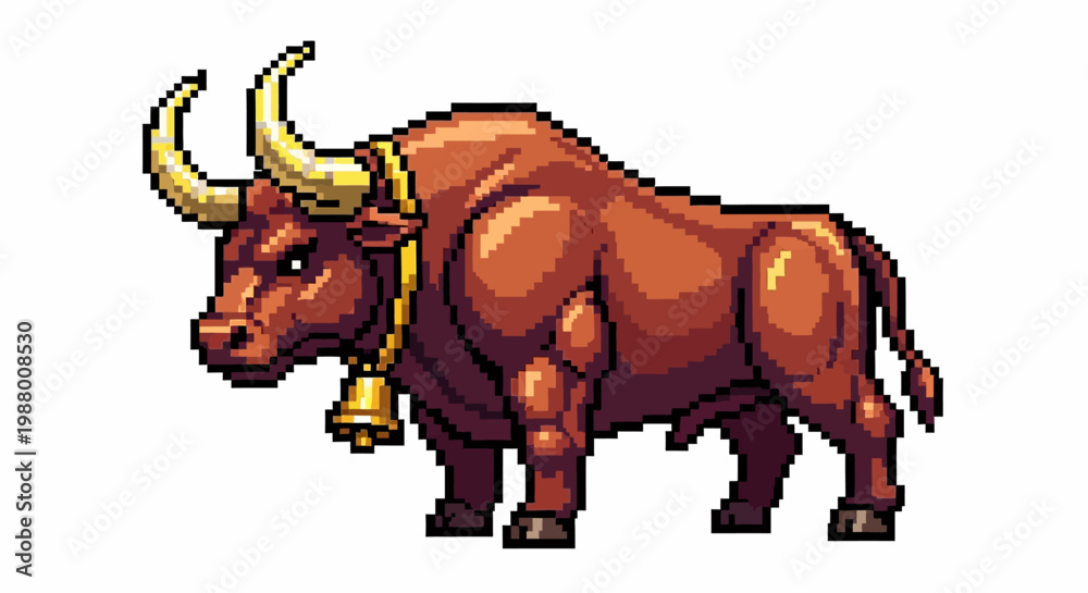 Fototapeta premium Pixel Art Fierce Bull with Golden Horns and Bell.