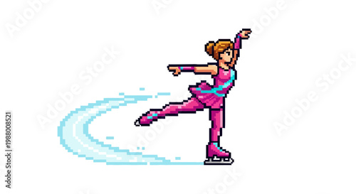 Pixel Art Figure Skater Performing Graceful Ice Skating Routine.