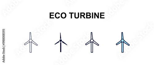 eco turbine multi-style outline icon set - ecology concept. Thin line, regular, filled, colored eco turbine icon