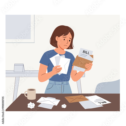 Woman examines bills and papers at a cluttered desk indoors.