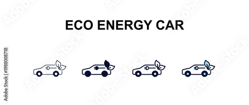 eco energy car multi-style outline icon set - ecology concept. Thin line, regular, filled, colored eco energy car icon