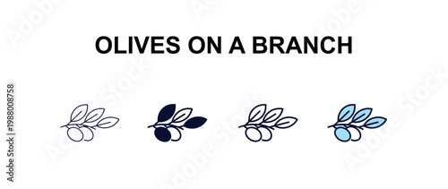 olives on a branch multi-style outline icon set - ecology concept. Thin line, regular, filled, colored olives on a branch icon