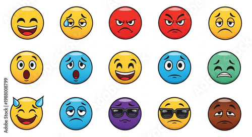 Collection of Diverse Emoji Faces Expressing Various Emotions.