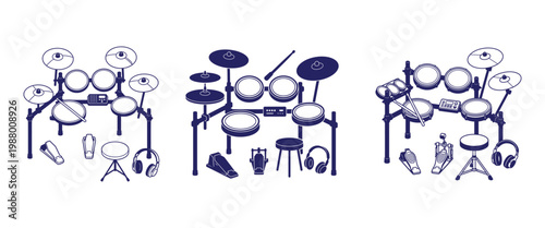 Three different arrangements of a modern electronic drum set in blue line art and silhouette styles.