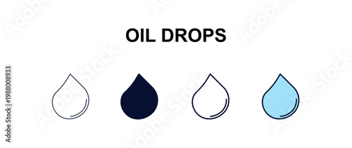 oil drops multi-style outline icon set - ecology concept. Thin line, regular, filled, colored oil drops icon