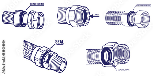 Five illustrations depicting threaded pipe connections with sealing rings and seals in blue line art.