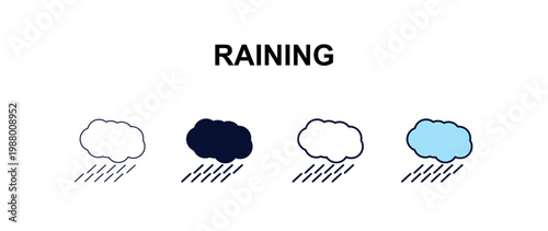 raining multi-style outline icon set - ecology concept. Thin line, regular, filled, colored raining icon