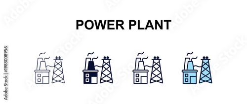 power plant multi-style outline icon set - ecology concept. Thin line, regular, filled, colored power plant icon