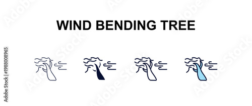 wind bending tree multi-style outline icon set - ecology concept. Thin line, regular, filled, colored wind bending tree icon