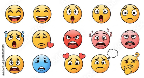 Collection of Diverse Emoji Faces Expressing Various Emotions.