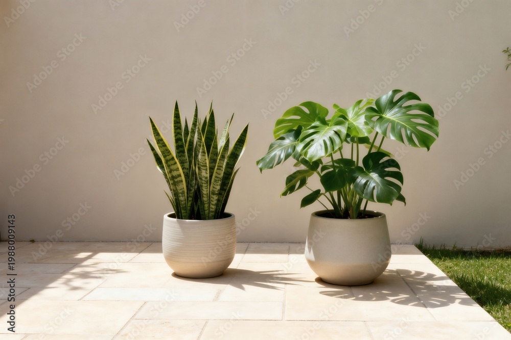 Fototapeta premium Modern Backyard Garden with Minimalist Green Plants in Soft Natural Light
