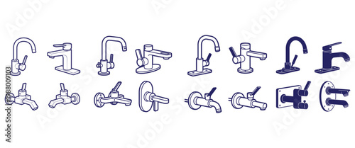 Water faucet collection showing different styles of modern bathroom and kitchen sink taps in minimalist line art design.