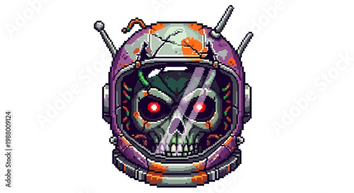 Pixel Art Spooky Skull Astronaut Helmet Illustration.
