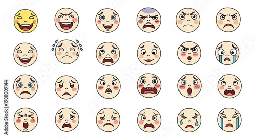 Collection of Diverse Emoji Faces Expressing Various Emotions.