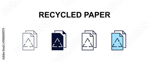 recycled paper multi-style outline icon set - ecology concept. Thin line, regular, filled, colored recycled paper icon