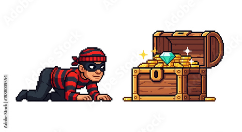 Pixel Art Thief Sneaking Towards Treasure Chest Full of Gold Coins and Jewels.