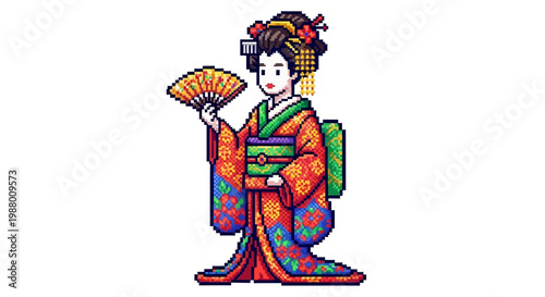 Pixel Art Geisha Holding a Fan in Traditional Kimono.