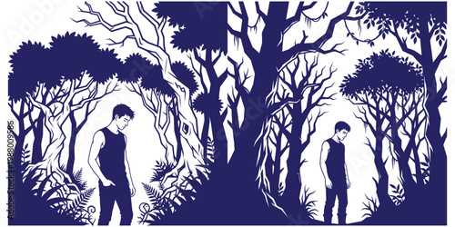 Young man standing in deep forest silhouette illustration set with minimalist nature landscape design in blue and white.