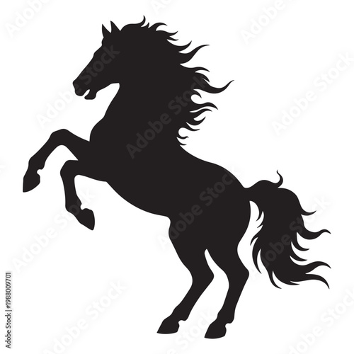 Silhouette of a rearing horse, showcasing a dynamic pose with its front legs raised and mane and tail flowing.
