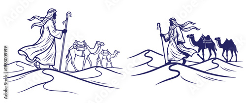 Two illustrations of desert travelers, an arabian man with a staff leading camels across sand dunes.