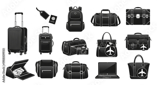 Collection of black travel bags and luggage on white background.
