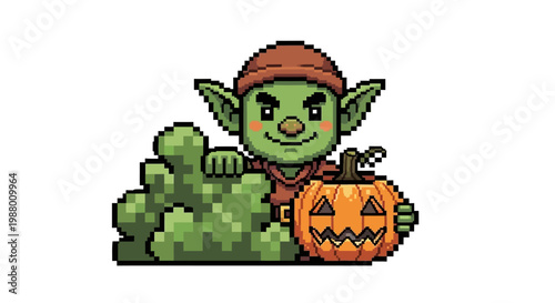 Pixel Art Goblin Holding a Spooky Pumpkin.