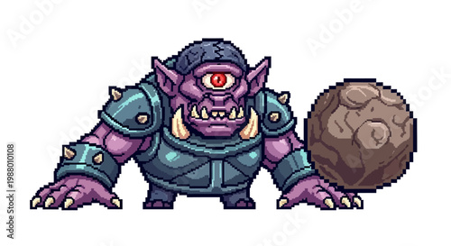 Pixel Art Cyclops Monster with Large Stone Ball.